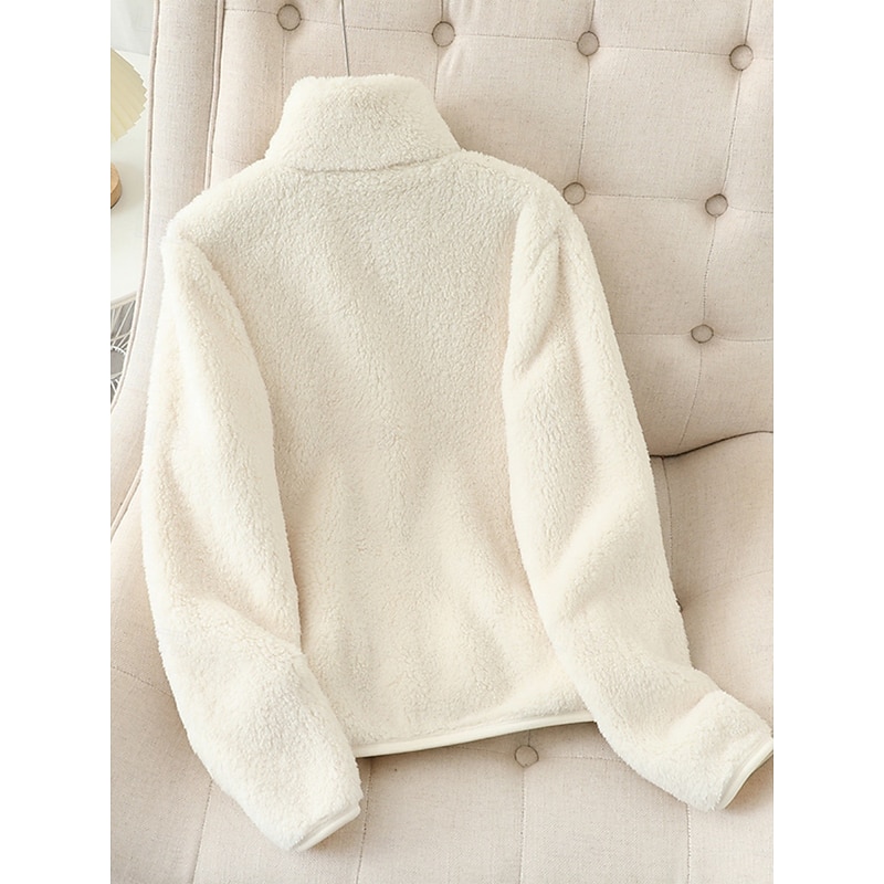 Women's Sherpa Jacket Comfortable Breathable Zipper Pocket Casual Plain Vacation Street Casual Daily Wear Zipper Regular Stand Collar Regular Fit Long Sleeve Outerwear White Pink Blue Spring Fall2