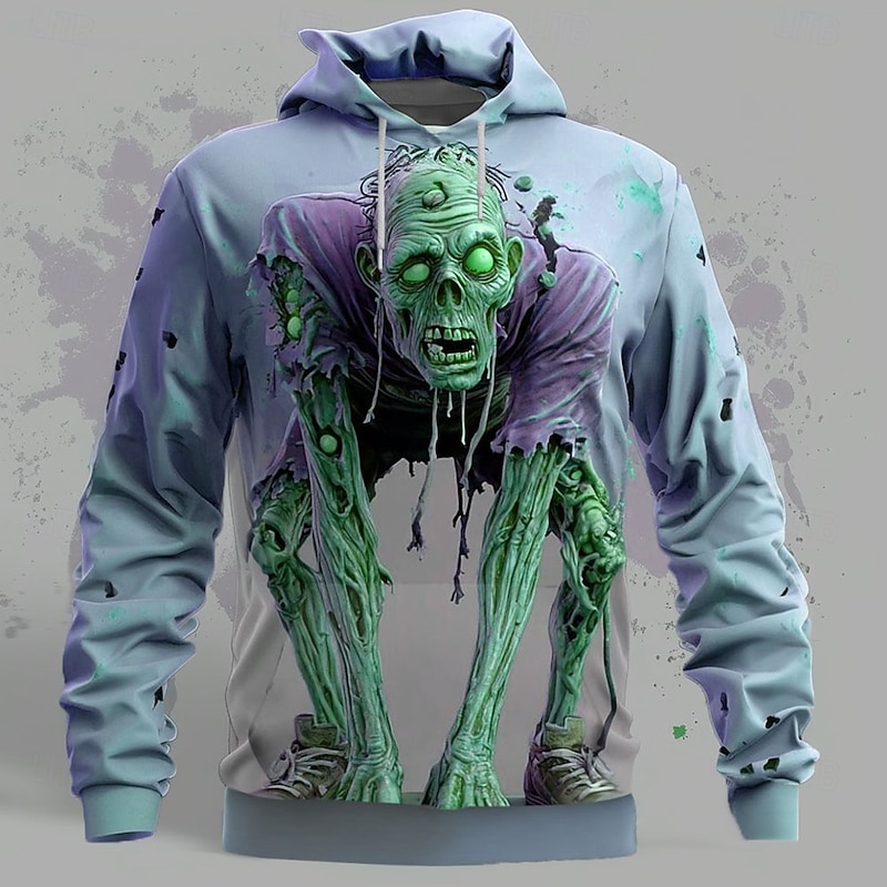Halloween Men's Zombies 3D Hoodie Sweatshirt Punk Exaggerated Long Sleeve Crew Neck Club Streetwear Light Green Blue Drawstring Fall Winter Designer4