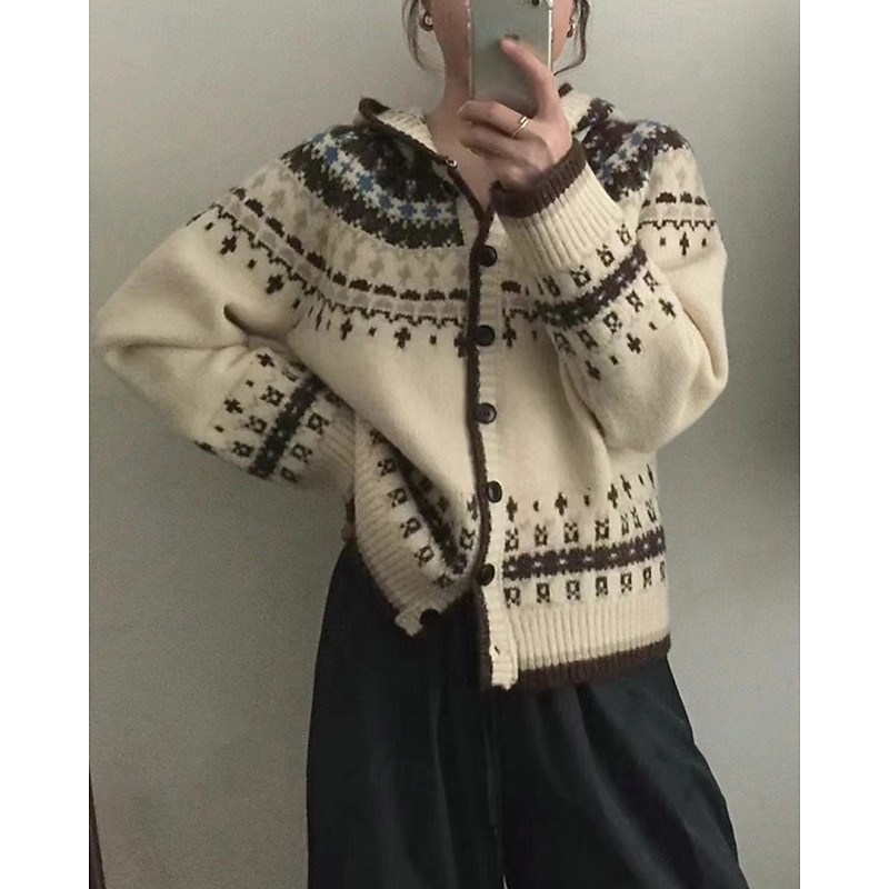 Women's Sweater Cardigan Fair Isle Sweater Fashion Casual Geometric Ribbed Hooded Buttons Knitted Print Long Sleeve Regular Tops Knit Christmas Outdoor Daily Beige Fall Winter2