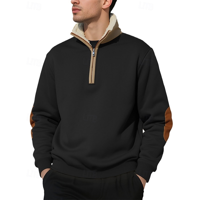 Men's Sweatshirt Fleece Sweatshirt Quarter Zip Sweatshirt Black Navy Blue Khaki Light Grey Dark Gray Standing Collar Color Block Patchwork Sports & Outdoor Daily Holiday Polyester Streetwear Basic4