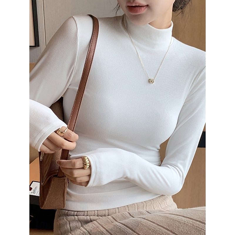 Women's Blouse Solid Color Elegant Stylish Basic Long Sleeve Turtleneck Regular Tops Daily Black White Yellow Brown Khaki Spring Fall Winter4