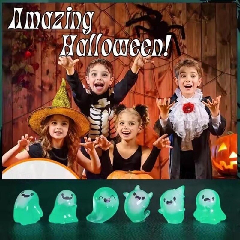 6Pcs Glowing Ghosts for Halloween Resin Decorations Glowing Ghost Keychains Doll Pendants Glowing Elf Micro Landscape Decor