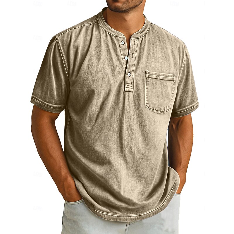 Men's Henley Shirt Tee Top Short Sleeve Plain Retro Vintage Casual Button Up Washed Henley Casual Summer Pink Light Blue Purple Henley T-Shirt2