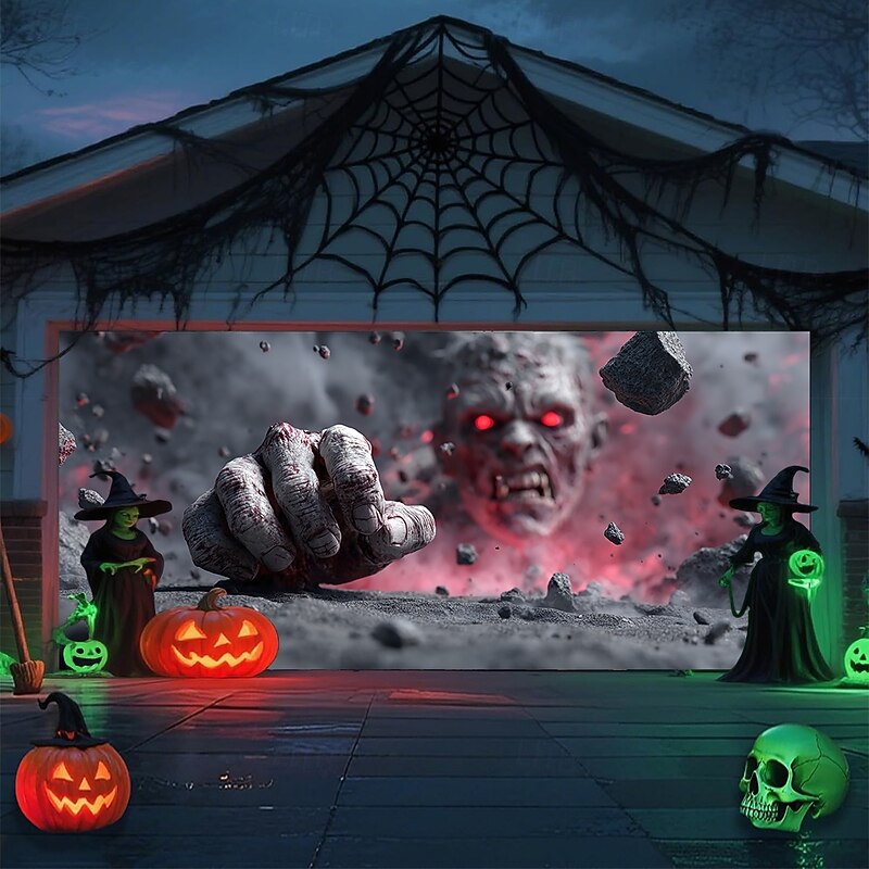 Halloween Garage Door Cover Large Hanging Backdrop Zombies 3D Dark Punk Gothic Style Party Outdoor Shooting Backgrounds Yard Haunted House Home Decor3