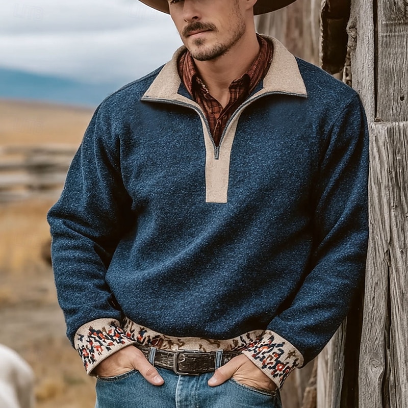 Men's Tribal Cowboy Sweatshirt Ethnic Vintage Retro Stand Collar Outdoor Work Gift Blue Brown Zipper Fall Winter Designer2