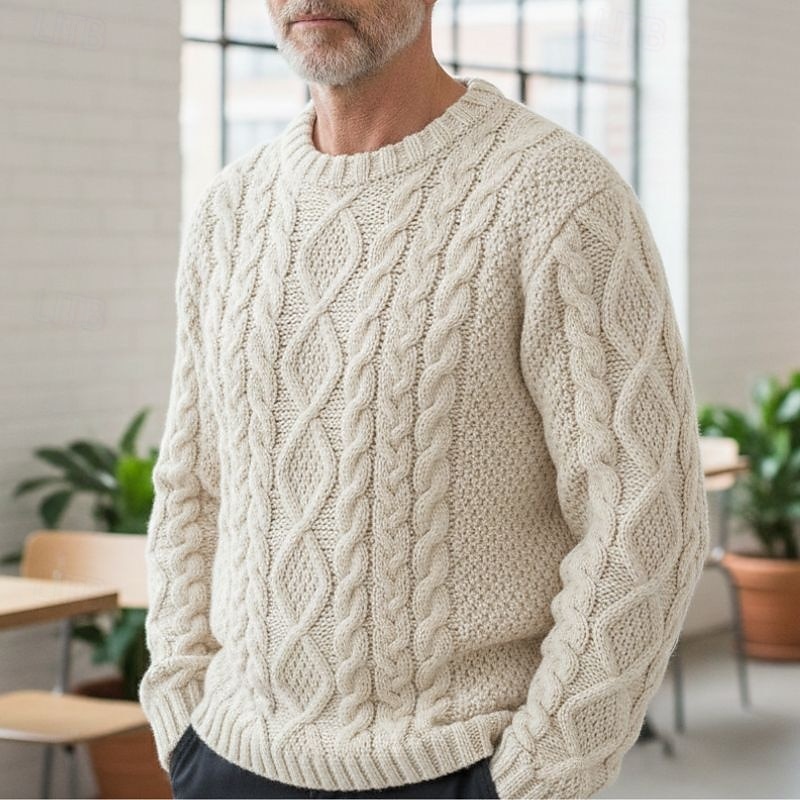 Men's Sweater Pullover Sweater Jumper Ribbed Cable Knit Cropped Knitted Crew Neck Modern Contemporary Daily Wear Going out Clothing Apparel Fall & Winter Black Dark Navy M L XL2