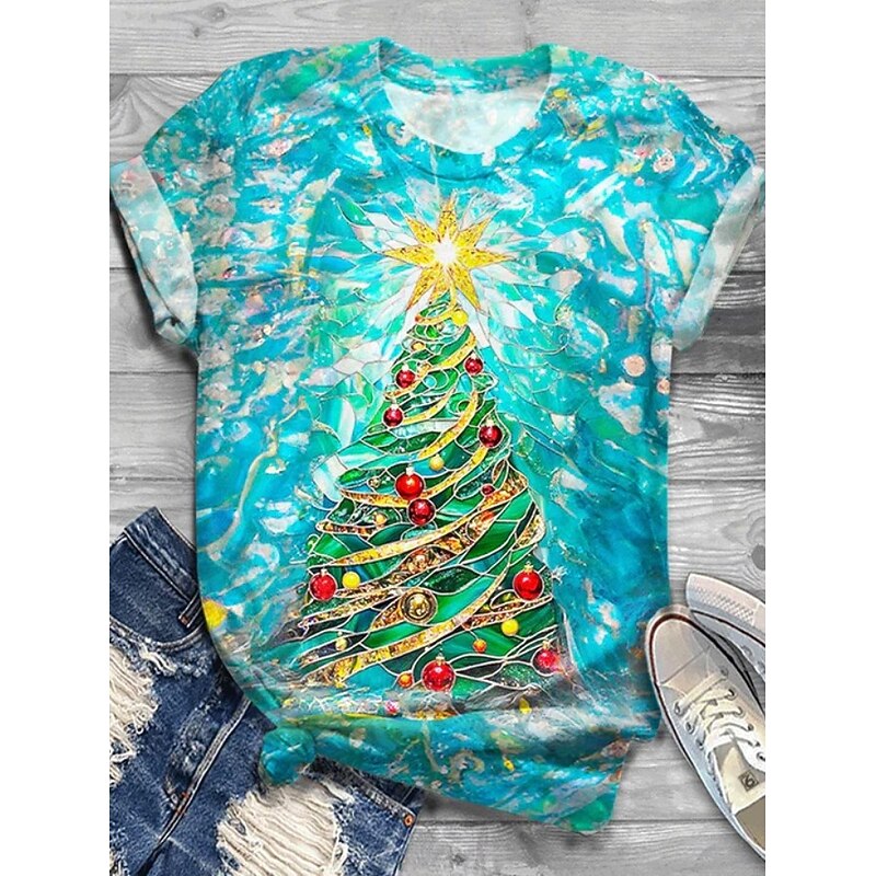 Christmas Women's T Shirt Graphic Christmas Tree Vintage Stylish Classic Short Sleeve Crew Neck Round Neck Regular Tops Daily Print Blue Sky Blue Green Summer Spring Winter2