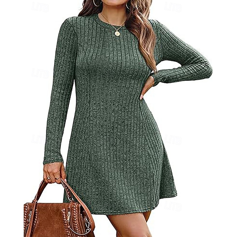Women's Mini Dress Sweater Dress Fashion Modern Vacation Daily Going out Regular Fit Striped Long Sleeve Crew Neck Black Wine Blue Green Spring Fall