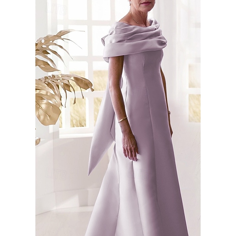 A-Line Mother of the Bride Evening Gown Elegant Dress Formal Floor Length Sleeveless Off Shoulder Satin with Bow(s) Pleats