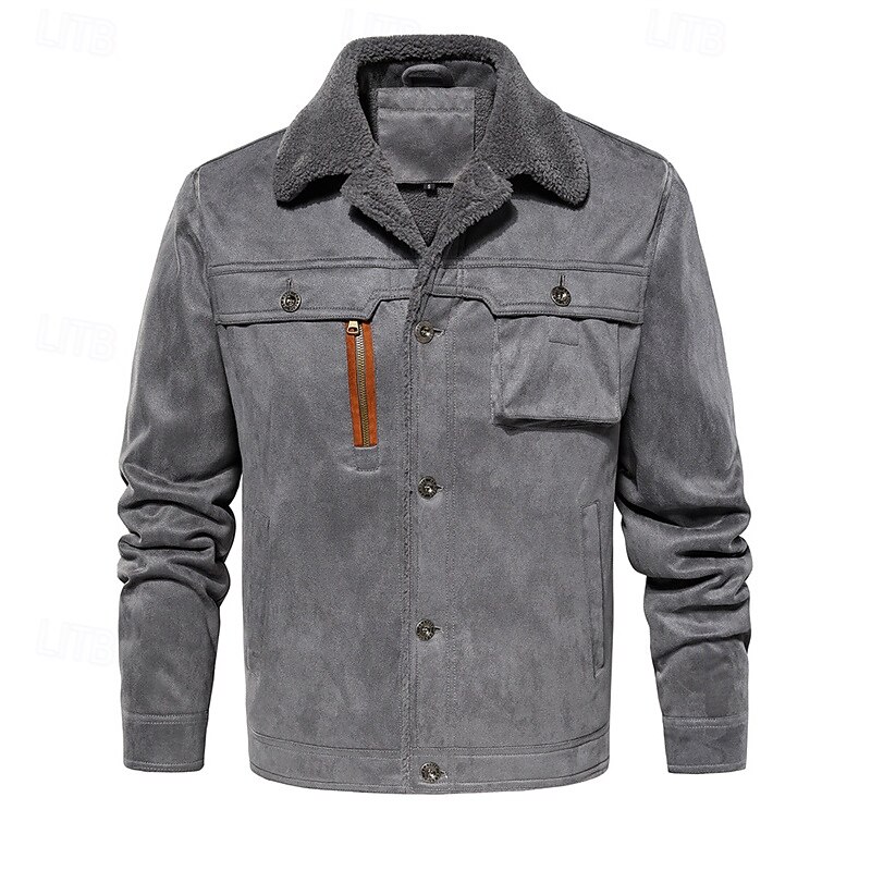 Men's Faux Suede Jacket Winter Jacket Fleece Jacket Cargo Jacket Vacation Daily Thermal Warm Pocket Fleece Fall Winter Plain Fashion Streetwear Lapel Regular Black Army Green Gray Jacket2