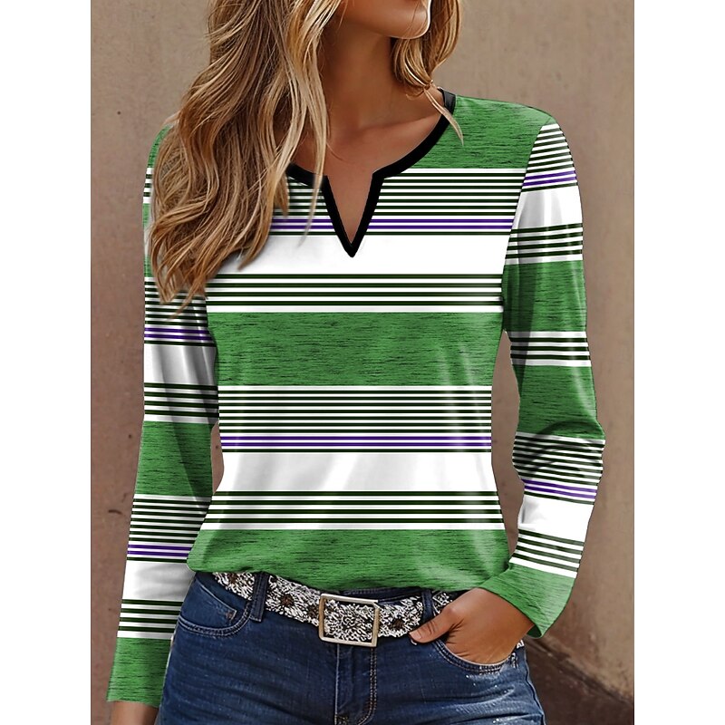 Women's T Shirt Graphic Striped Vintage Stylish Classic Long Sleeve Notched Neck Regular Tops Daily Weekend Print Blue Purple Brown Green Spring Fall Winter3