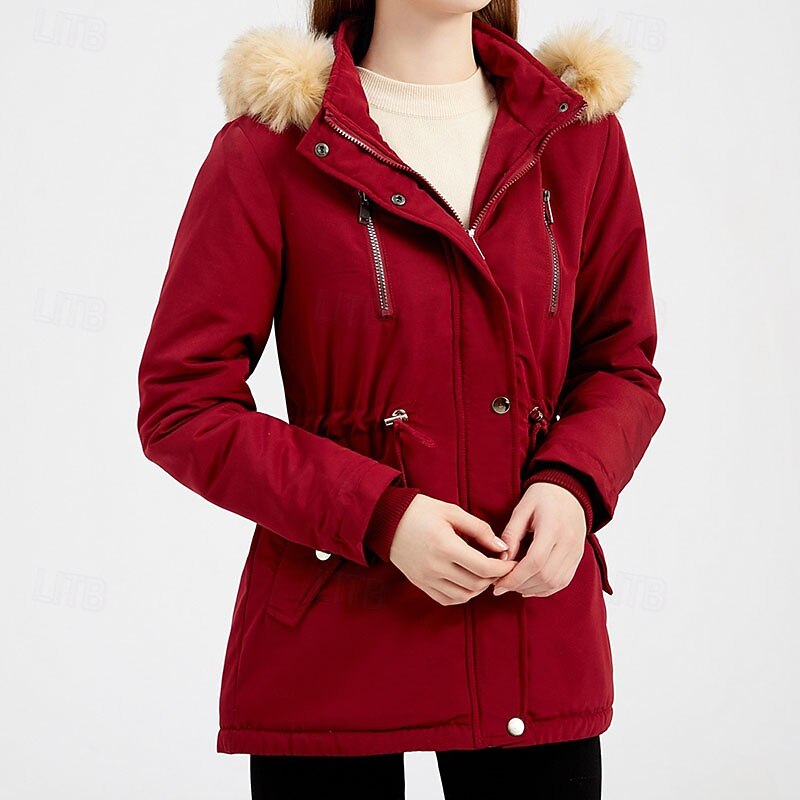 Women's Winter Coat Parka Warm Comfortable Zipper Pocket With Belt Casual Solid Color Vacation Street Daily Wear Going out Regular Hooded Regular Fit Long Sleeve Outerwear Navy Black Pink Fall Winter