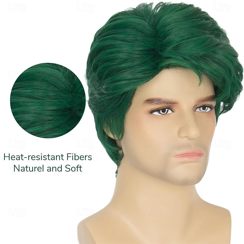 Short Straight Green Wig for Men Synthetic Layered School Theme Cosplay Wig4