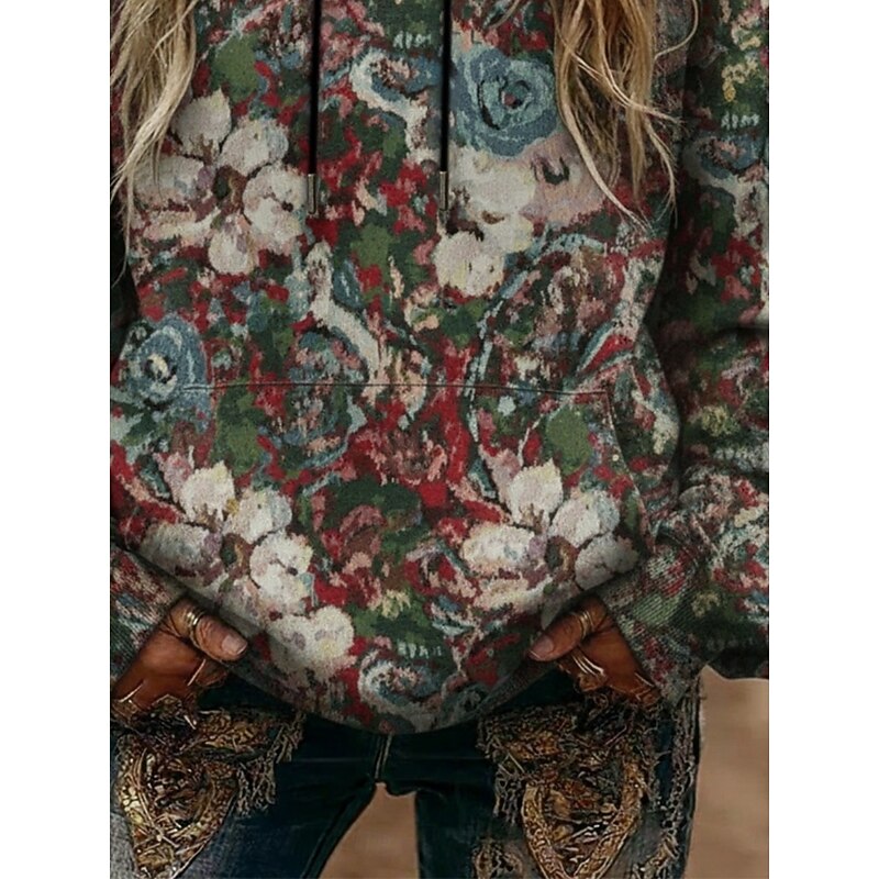 Women's Pullover Hoodies Floral Vintage Streetwear Casual Long Sleeve Hooded Regular Tops Dailywear Casual Sports Drawstring Pocket Print Green Spring Fall3