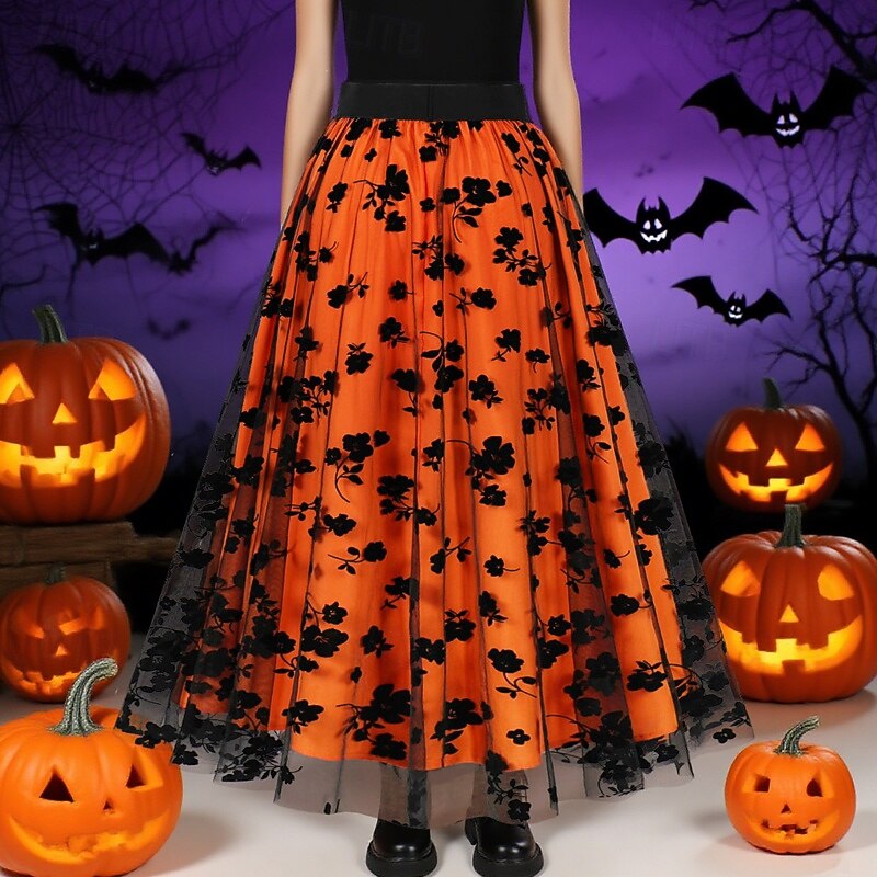 Women's Skirt Swing Fashion Casual Maxi Mid Rise Skirts Floral Sparkle Tulle Micro-elastic Vacation Halloween Red Orange Khaki Spring Polyester