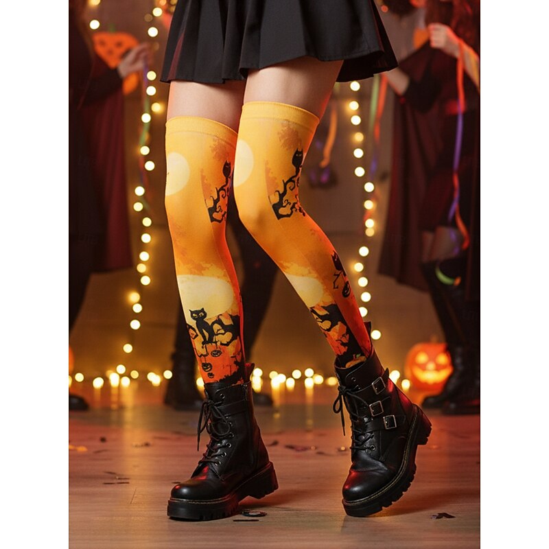 Women's Halloween Printed Tights - Colorful Over the Knee Stockings with Bat, Ghost and Pumpkin Patterns for Costume Party and Cosplay3