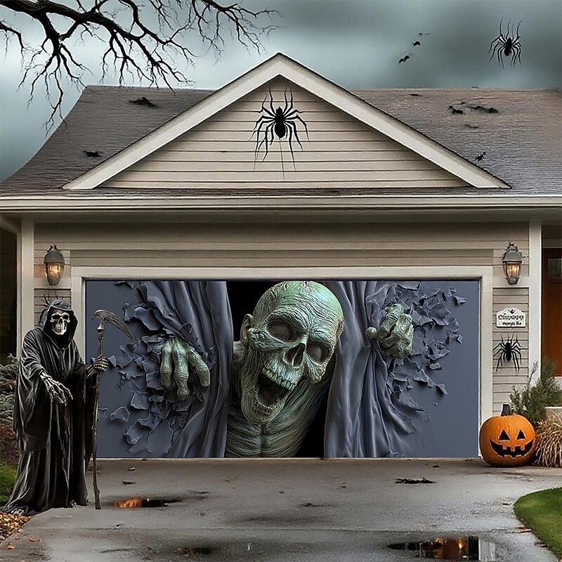 Halloween Tapestry Garage Door Cover Large Hanging Backdrop Skeleton Dark Punk Gothic Style Party Outdoor Guys Man Cave Frat Bedroom Shooting Backgrounds Yard Haunted House Home Decor4