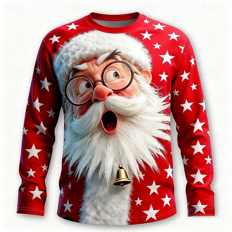 Christmas Men's Santa Claus Funny T Shirt Long Sleeve T shirt 3D Print Crew Neck Shirt Fashion Basic 3D Street Casual Daily Red 3 Red Red 2 Summer Spring Clothing Apparel S M L XL XXL XXXL3