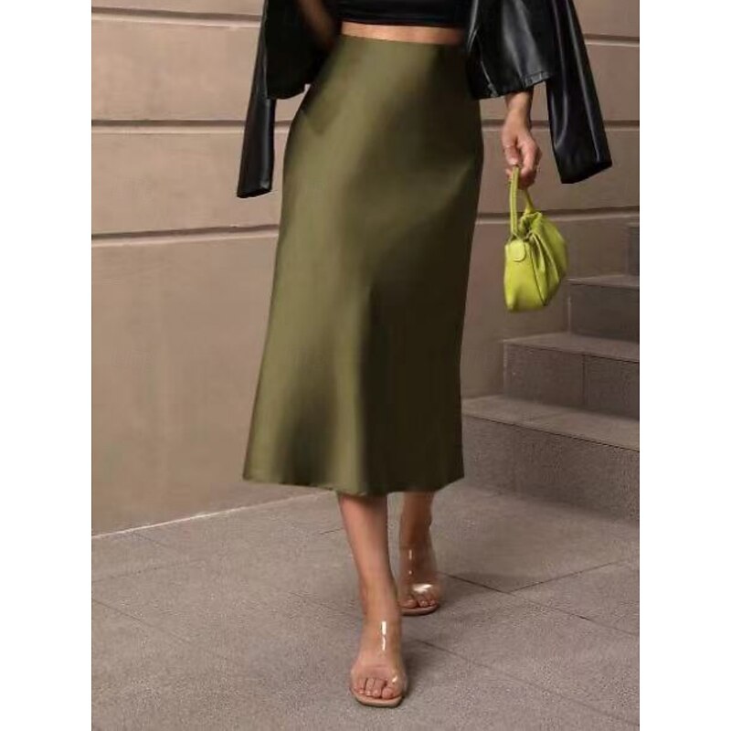 Women's Skirt Bodycon Elegant Fashion Midi High Waist Skirts Plain Micro-elastic Party Street Black Army Green Red Brown Spring Satin Polyester3