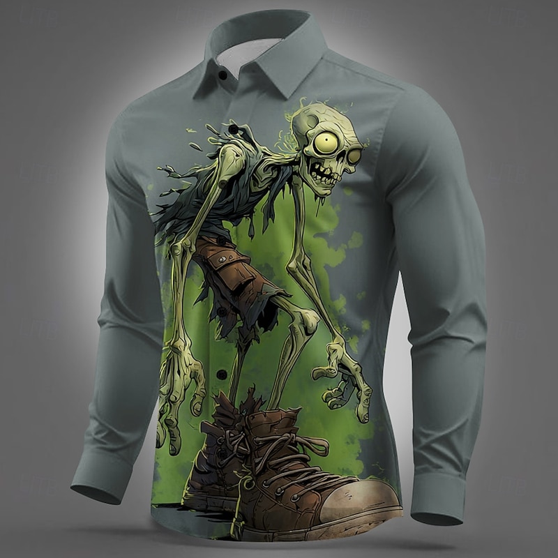 Halloween Men's Zombies Horror Halloween Costumes Shirt Button Up Shirt Long Sleeve Dark Punk Gothic Style Outdoor Holiday Summer Spring Turndown 3D Print Collared Shirts Light Green Light Blue