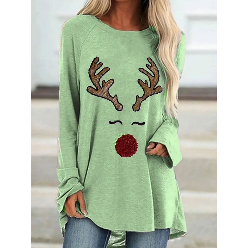 Christmas Women's T Shirt Graphic Reindeer Vintage Stylish Classic Long Sleeve Crew Neck Regular Tops Daily Going out Weekend Print Pink Blue Green Khaki Spring Fall Winter3