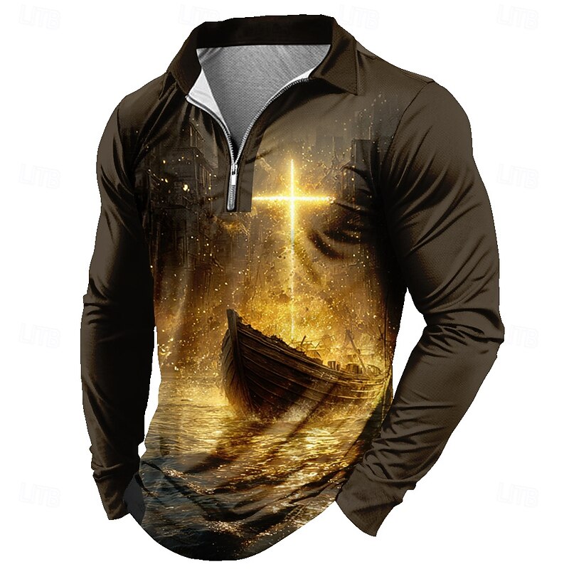 Men's Ship Cross Polo Long Sleeve Polo Shirts Lapel Vintage Casual Daily Wear 3D Print Quarter Zip Polo Spring Fall Winter Yellow Red Blue
