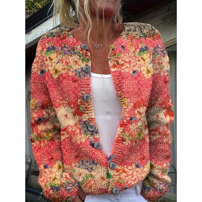Women's Cardigan Fashion Daily Casual Floral Graphic Ribbed Crew Neck Buttons Print Long Sleeve Regular Tops Knit Outdoor Daily Date Red Rainbow Fall Winter