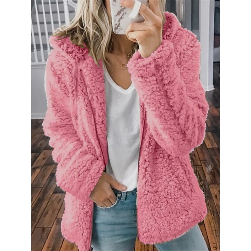 Women's Teddy Coat Comfortable Breathable Pocket Casual Plain Vacation Street Casual Daily Wear Zipper Regular Hooded Regular Fit Long Sleeve Outerwear Pink Red Blue Spring Fall