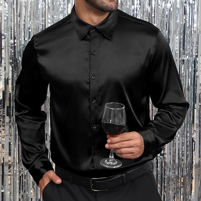 Men's Shirt Satin Shirt Dress Shirt Casual Shirt Button Up Shirt Prom Shirt Plain Formal Wedding Black White Wine Royal Blue Long Sleeve Lapel Spring &  Fall All Seasons Clothing Apparel3