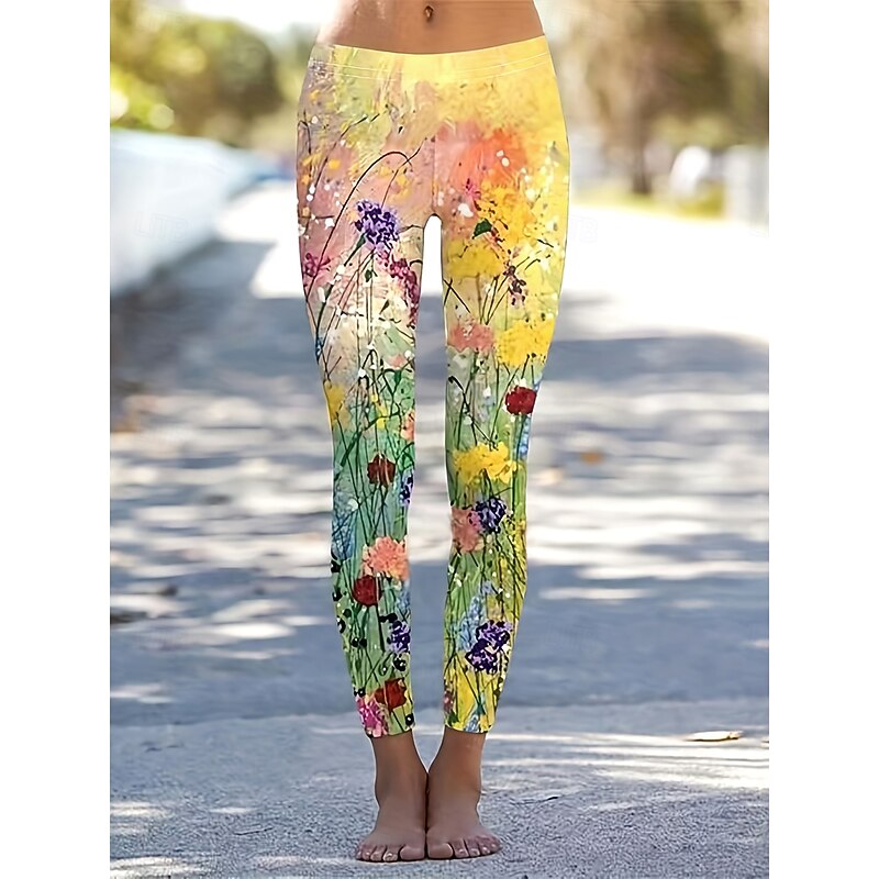 Women's Slacks Leggings Cozy Leggings Vacation Vintage Streetwear Full Length Natural Floral Graphic Flower Elastic Waist Print Comfy Outdoor Comfortable Stretchy Outdoor Vacation Streetwear Yellow