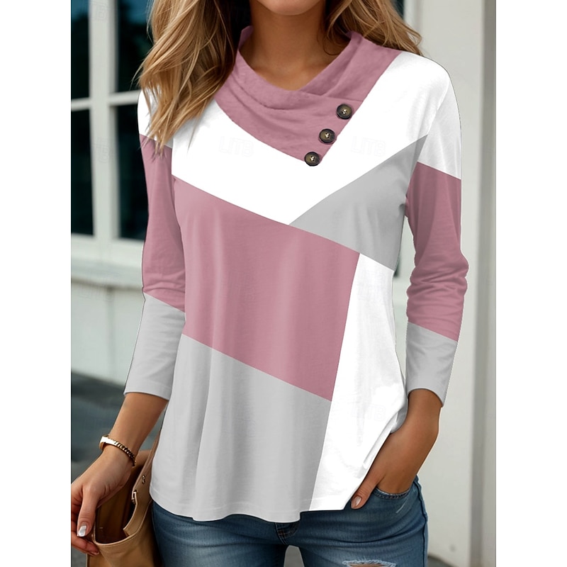 Women's Tunic Graphic Geometric Geometry Stylish Casual Long Sleeve Cowl Neck V Neck Regular Tops Daily Buttons Print Pink Sky Blue Khaki Spring Fall Winter