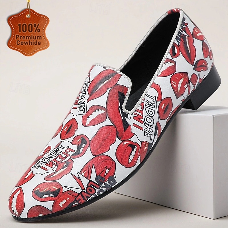 Men's Leather Loafers with Lips Print – Fashion Casual Slip-On Shoes for Party, Streetwear and Nightlife Outfits