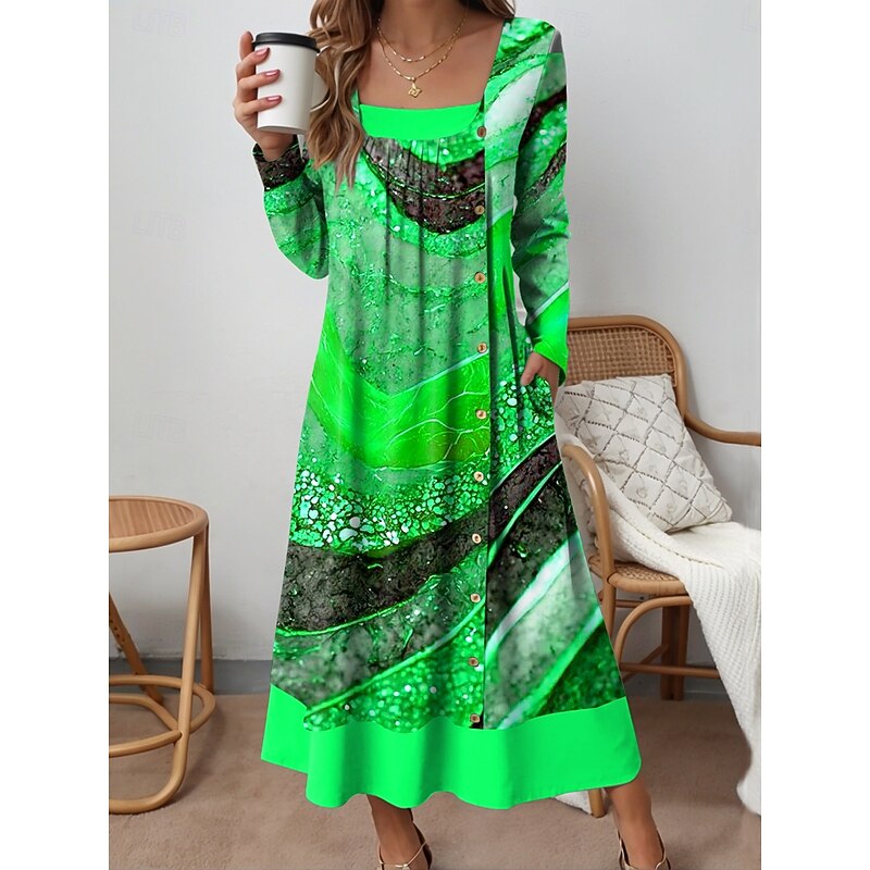 Women's Midi Dress Shift Dress Casual Daily Regular Fit Graphic Abstract Long Sleeve Square Neck Yellow Blue Purple Green Fall Winter2
