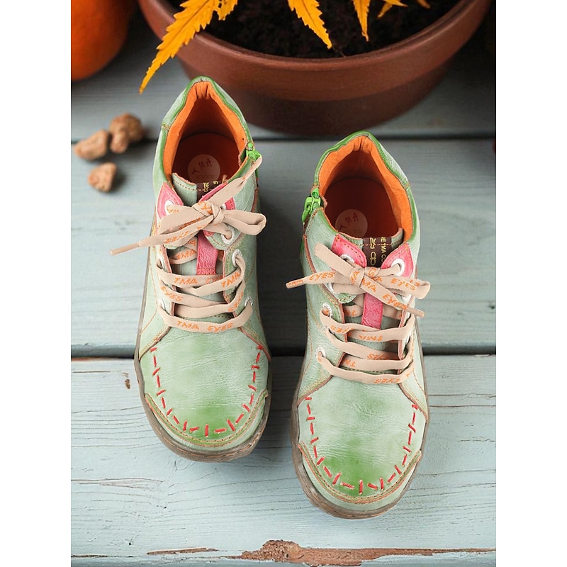 Women's Genuine Leather Green Lace Up Ankle Boots – Rustic Farm Style Short Boots for Autumn Harvest, Outdoor Walking and Casual Wear4