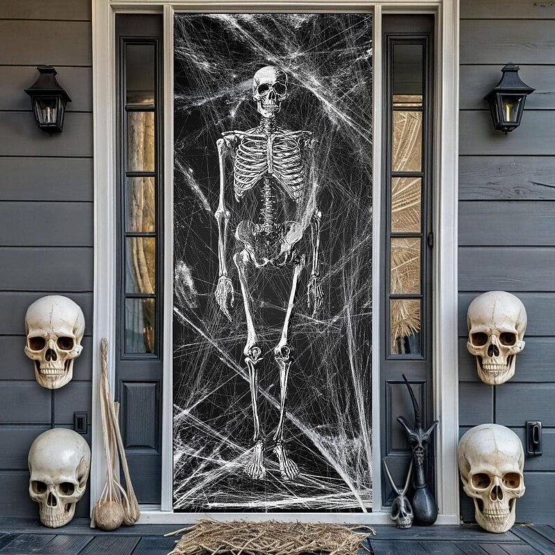 Halloween Door Covers Black And White Skull Spider Web Design Door Tapestry Door Curtain Decoration Backdrop Front Door Banner Farmhouse Holiday Party Indoor Outdoor Scary Halloween Decor Supplies2