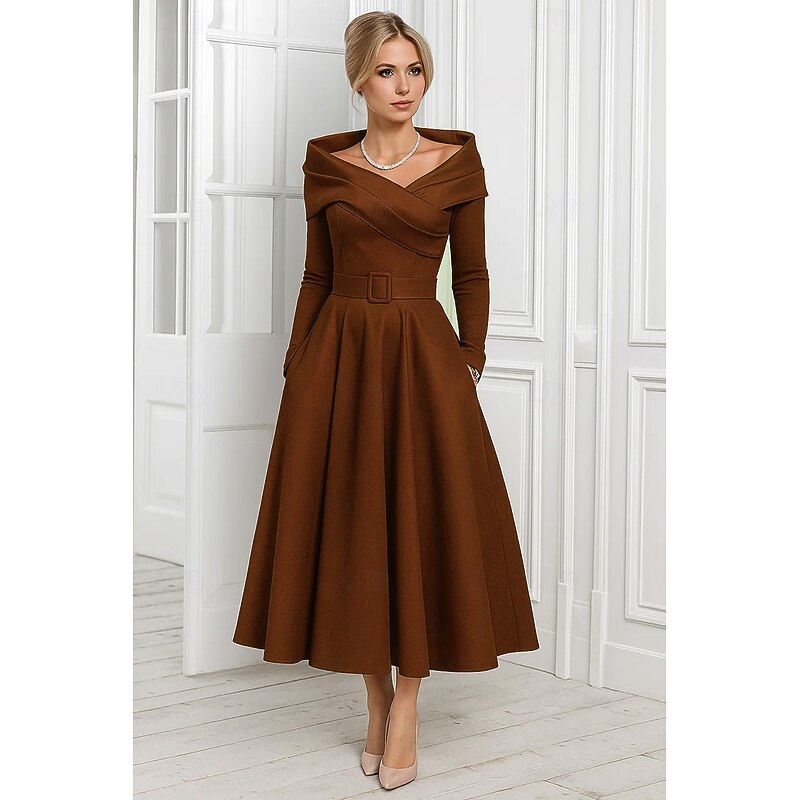 A-Line Cocktail Dresses Elegant Formal Dress Formal Wedding Tea Length Long Sleeve Off Shoulder Stretch Satin with Pleats 20254