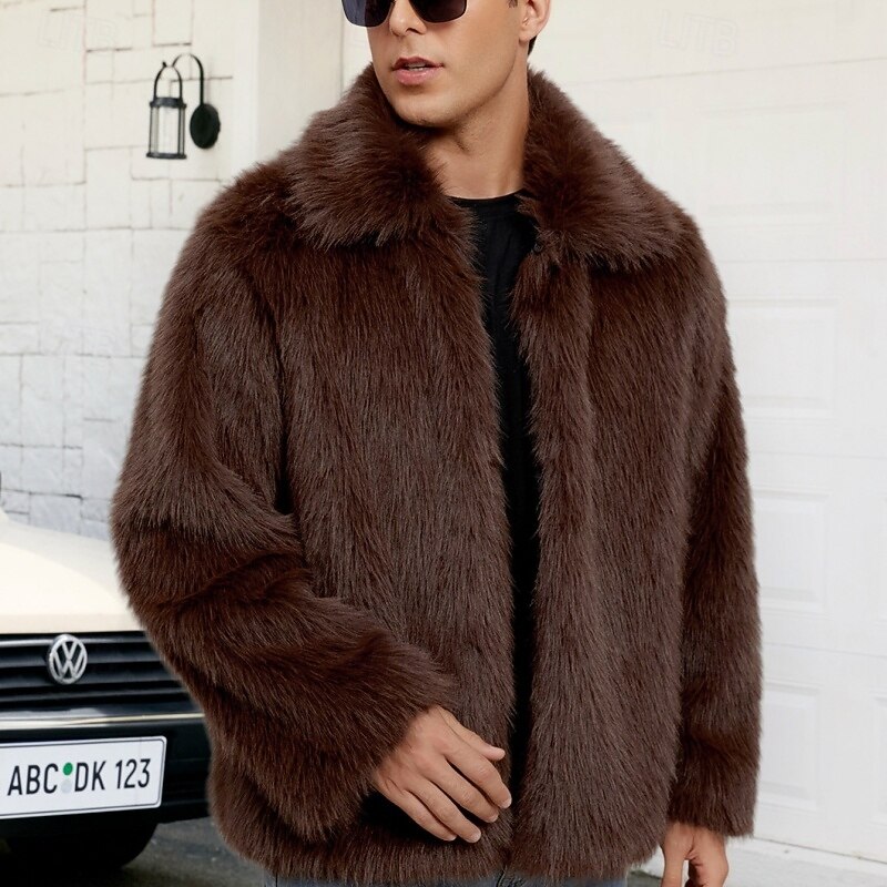 Men's Winter Jacket Fleece Jacket Faux Fur Coat Vacation Casual Thermal Warm Keep Warm Plain Fall & Winter Plush Elegant Punk Hooded Short Camel Light Khaki Black Green Khaki Jacket - Main Image