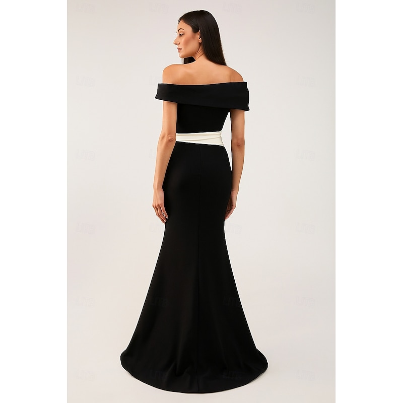 Black and White Mermaid Evening Gown Elegant Dress Formal Wedding Guest Floor Length Short Sleeve Off Shoulder Stretch Crepe with Ruched Ruffles2