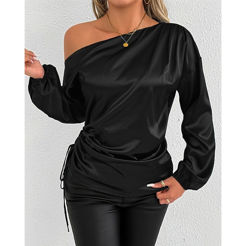 Women's Shirt Elegant Dressy Satin Plain Stylish Casual Long Sleeve Cold Shoulder Regular Tops Daily Going out Asymmetric Black Green Spring Fall - Main Image