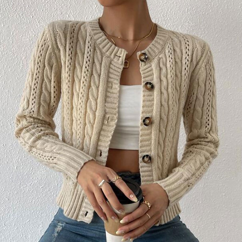 Women's Sweater Cardigan Streetwear Casual Solid Color Cable Crew Neck Buttons Knitted Long Sleeve Regular Tops Knit Daily Going out Weekend Brown Apricot Fall Winter2