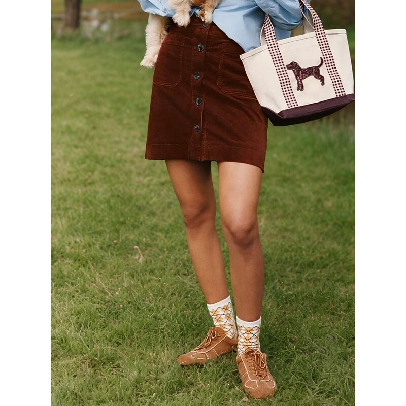 Women's Skirt A Line Fashion Casual Mini High Waist Skirts Plain Pocket Inelastic Street Daily Brown Spring Polyester Corduroy3
