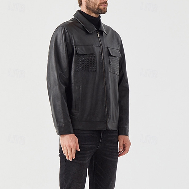 Men's Faux Leather Jacket Biker Jacket Motorcycle Jacket Vacation Daily Windproof Pocket Spring Fall Plain Fashion Classic Lapel Regular Black Jacket4