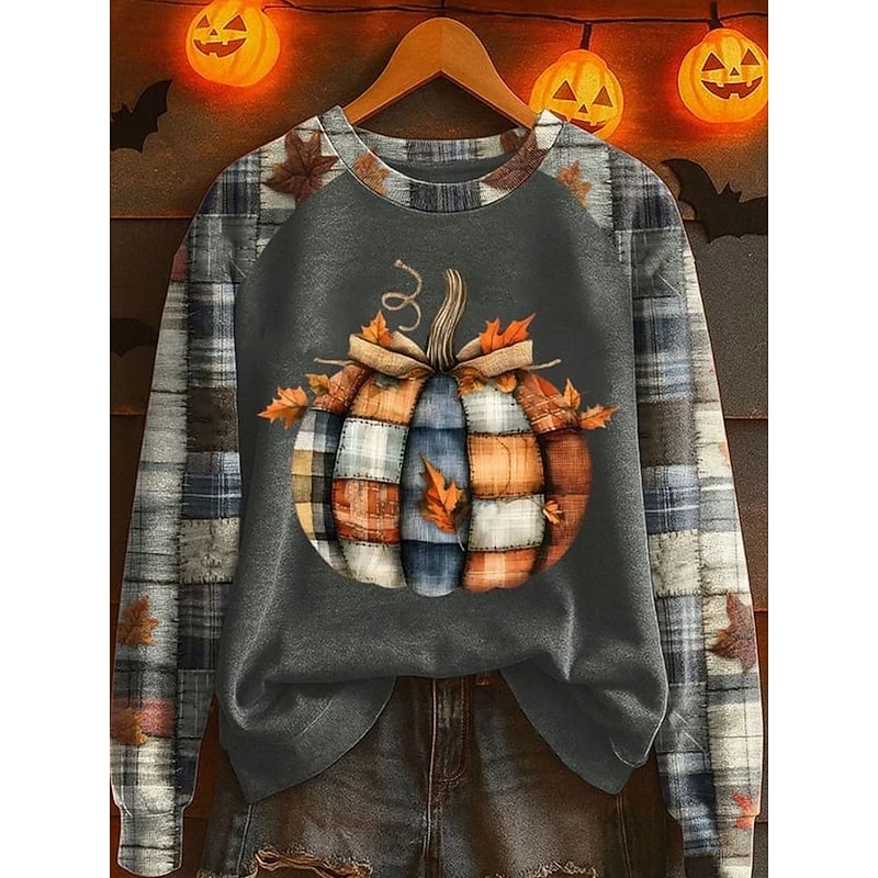 Women's Sweatshirts Graphic Plaid Pumpkin Casual Long Sleeve Crew Neck Regular Tops Casual Patchwork White Blue Orange Gray Fall4
