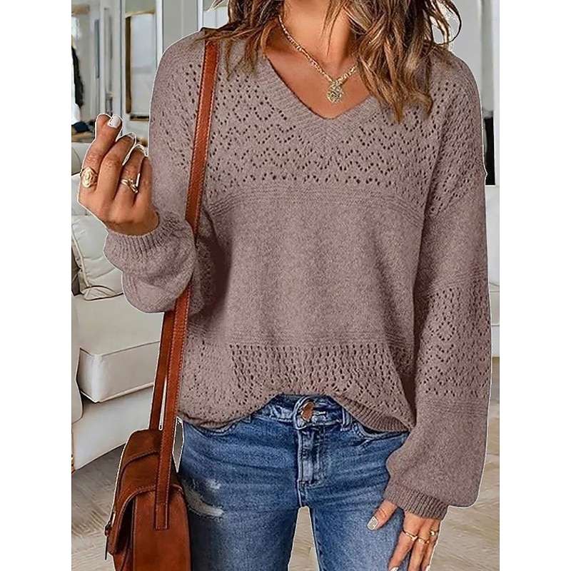 Women's Sweater Casual Soft Pure Color Ribbed V Neck Knitted Long Sleeve Regular Tops Knit Outdoor Daily Weekend Blue Brown Fall Winter4