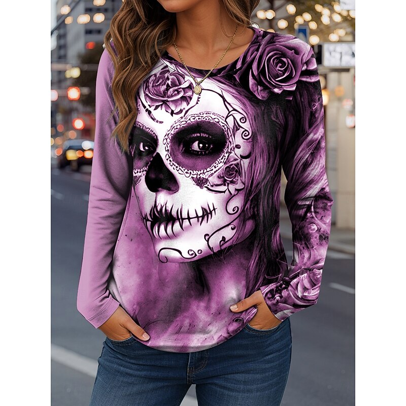Halloween Women's T Shirt Skulls Graphic Fashion Casual Long Sleeve Crew Neck Regular Tops Daily Weekend Print Red Blue Purple Green Khaki Spring Fall Winter2