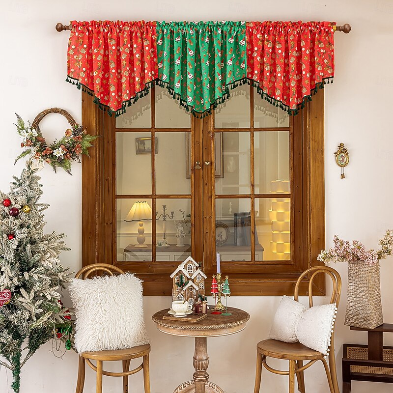 Christmas Valance Curtain with Santa Print, Holiday Window Treatment Drapes for Living Room Bedroom Decoration3