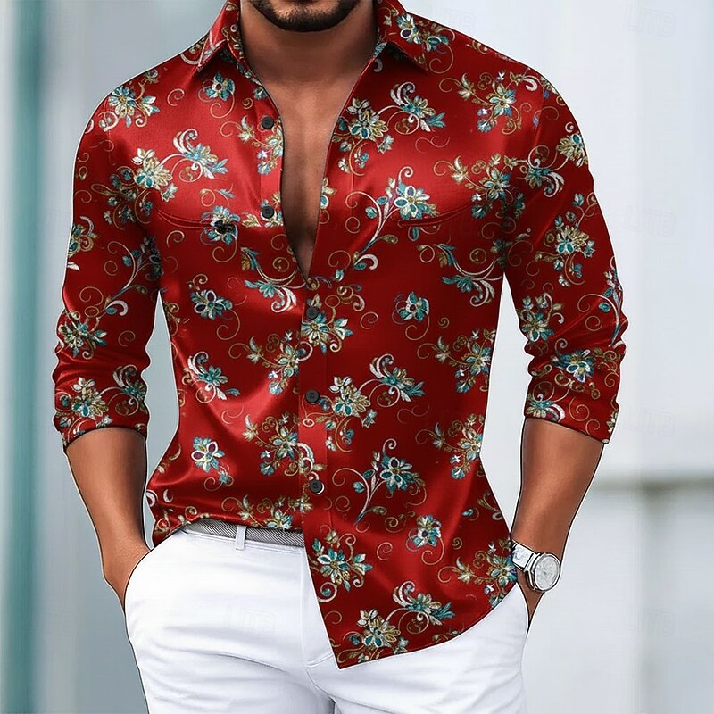 Men's Floral Print Flowers Shirt Satin Shirt Dress Shirt Long Sleeve Vintage Retro Vacation Dailywear Summer Spring Fall Turndown 3D Print Button Up Shirts Black White Red Blue2