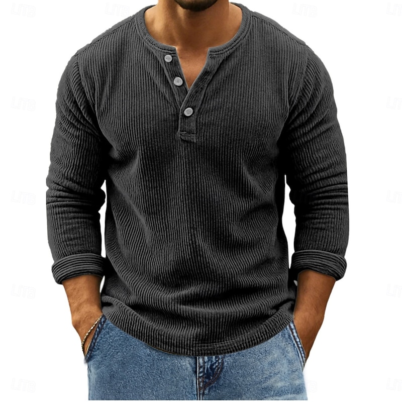 Men's Corduroy Shirt Henley Shirt Tee Long Sleeve Solid Color Plain Textured Fashion Designer Casual Buttons Henley Outdoor Casual Daily Fall Winter All Seasons Green khaki Dark Gray Henley T-Shirt2
