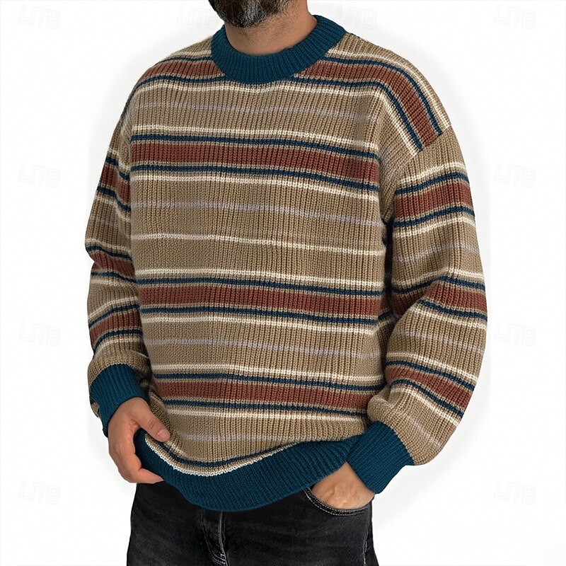 Men's Pullover Sweater Jumper Knit Sweater Ribbed Knit Regular Tops Knitted Stripe Crew Neck Fashion Basic Vacation Daily Wear Clothing Apparel Fall Winter Khaki Dark Gray M L XL