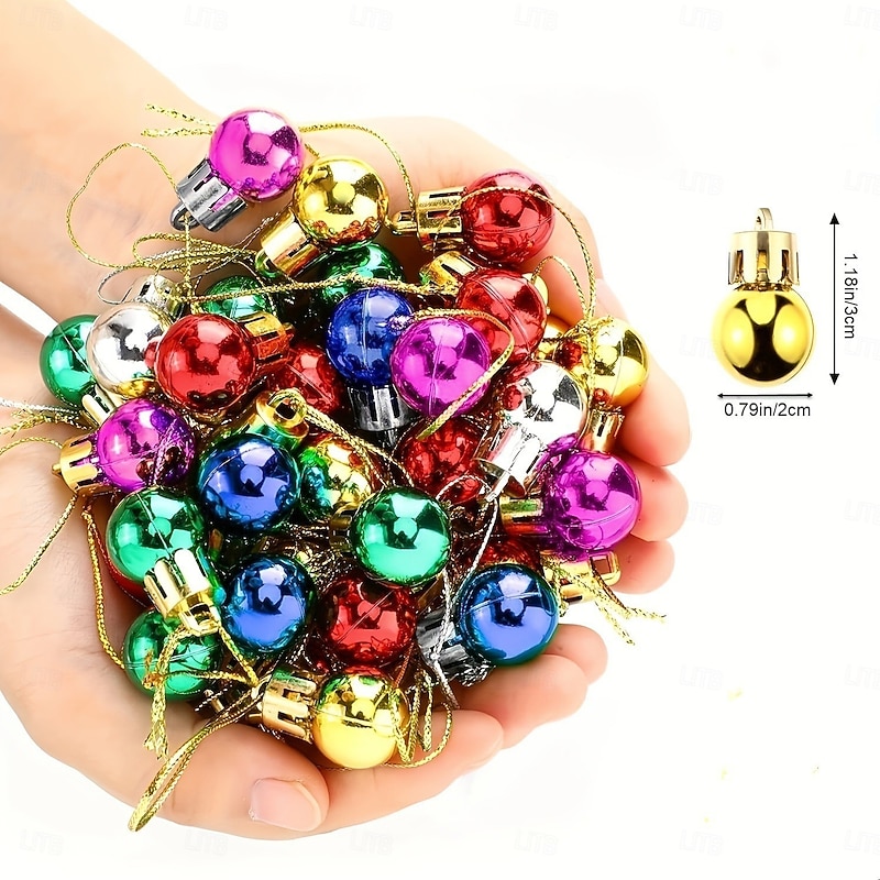 50pcs Mini Christmas Balls with Golden Ribbons Colorful Round Xmas Tree Ornaments Plastic Hanging Pendants for Small Trees Ideal for Tree & Party Decor, Festive Holiday Decoration2